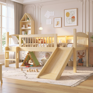 Sunvega Twin Loft Bed with Storage Shelves, LED Lights and Full Guardrails, Pink