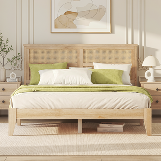 Sunvega Full Size Bed with Rattan Headboard Two Storage Drawers and Enhanced Support Slats