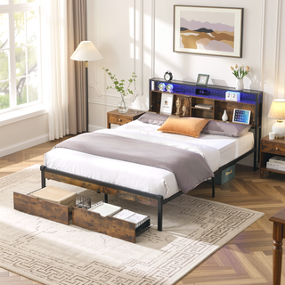Sunvega Queen Size Metal Platform Bed Frame with Wooden Headboard and Footboard with USB Charging Station and 2 Drawers