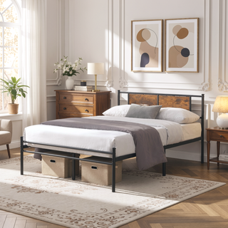 Sunvega Twin Size Metal Bed Frame with Wood Panel Headboard and Under Storage
