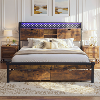 Sunvega Queen Size Metal Platform Bed Frame with Wooden Headboard and Footboard with USB Charging Station and 2 Drawers