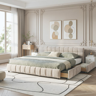 Sunvega California King Size Upholstered Bed with Storage Drawers and Soft Chenille Fabric Headboard