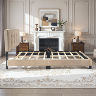 Sunvega Light Brown Velvet Upholstered Queen Platform Bed with Adjustable Height Headboard