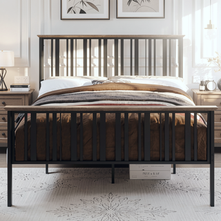 Sunvega Antique Oak and Black Finish Full Bed with Slatted Headboard and Footboard