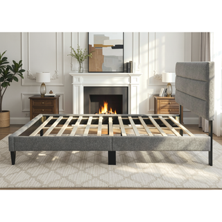 Sunvega Queen Upholstered Pleated Bed in a Box with Sturdy Dark Brown Frame
