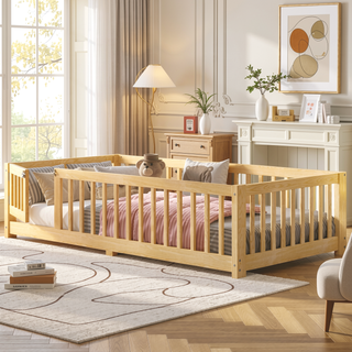 Sunvega Twin Size Floor Bed with Safety Guardrails and Door for Kids in Natural