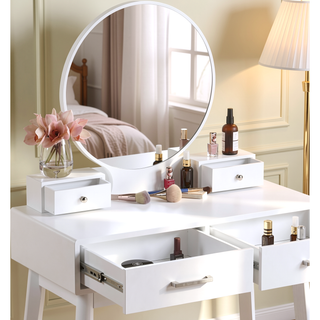 Sunvega Contemporary White Wood Vanity and Stool Set with Round Mirror
