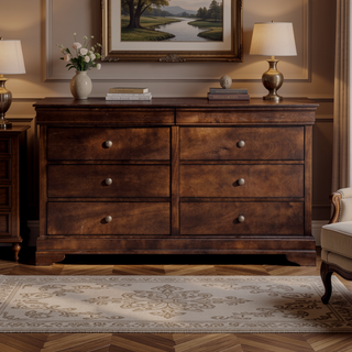 Sunvega Brown Cherry Finish Louis Phillipe Style 6 Drawer Dresser with Hidden Jewelry Storage
