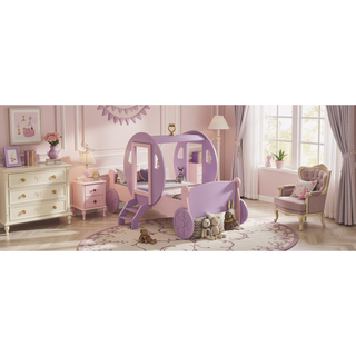 Sunvega Twin Size Princess Carriage Bed with Crown Wood Platform and Stair