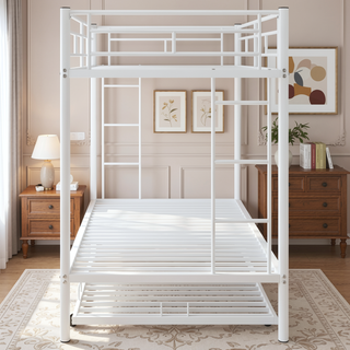 Sunvega Twin over Twin Bunk Bed with Trundle in White for Small Spaces