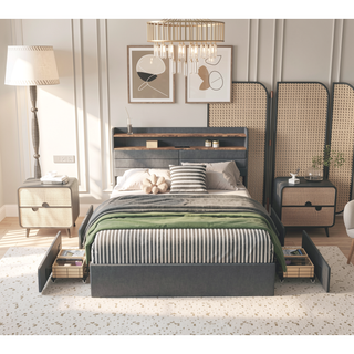 Sunvega Queen Upholstered Bed Frame with Headboard LED Lights Charging Station and 4 Storage Drawers
