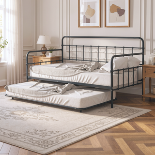 Sunvega Black Contemporary Twin Size Metal Daybed With Trundle And Pipe Framework