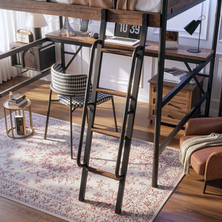 Sunvega Full Metal Loft Bed with Desk, LED Lights, Charging Station, and Safety Stairs