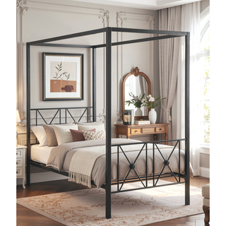 Sunvega Black Finish Twin Platform Bed Canopy Metal Frame Modern Traditional