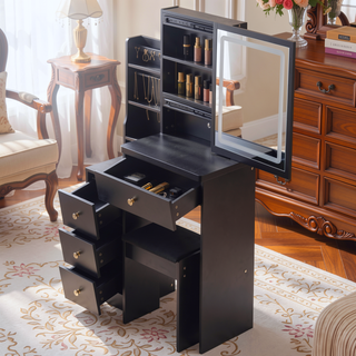 Sunvega Small Space Left Bedside Cabinet Vanity Table with Cushioned Stool and Sliding Mirror
