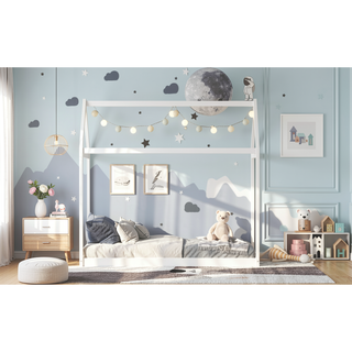 Sunvega Twin Size Gray Wooden House Bed with Eaves Design for Kids Room