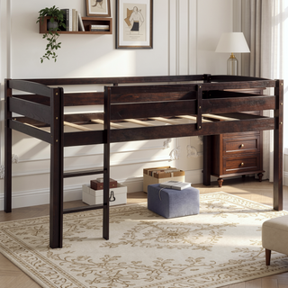 Sunvega Low Twin Wood Loft Bed with Ladder in Walnut for Kids Bedroom