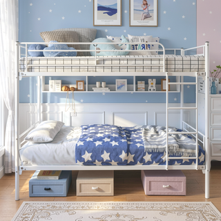 Sunvega Sturdy Twin over Twin Metal Bunk Bed Frame with Ladder and Vintage Headboard
