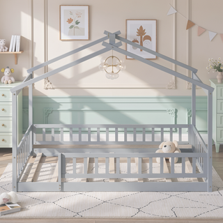 Sunvega Full Size House Bed Frame with Playhouse Fence and Roof for Kids