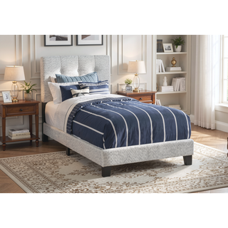 Sunvega Twin Size Upholstered Bed Frame in Light Grey Boucle with Tufted Headboard