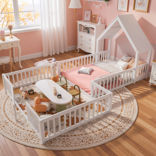 Sunvega Full Size House Floor Bed with Door and Full-Length Guardrails for Kids