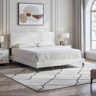 Sunvega White Faux Leather Upholstered Queen Bed with Adjustable Headboard
