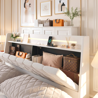 Sunvega King Floating Bed Frame with LED Light and Charging Station Upholstered Platform