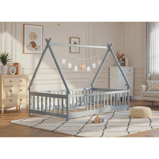 Sunvega Twin Tent Teepee Bed with Guardrails Slats and Door in Grey