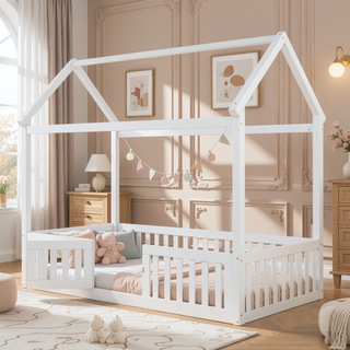 Sunvega Twin Size Wood House Bed with Fence Door and Distressed Washed Design