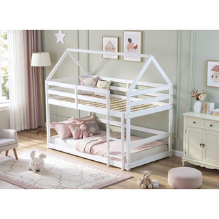 Sunvega Rubber Wood Twin over Twin Bunk Bed with Ladder and Guardrails