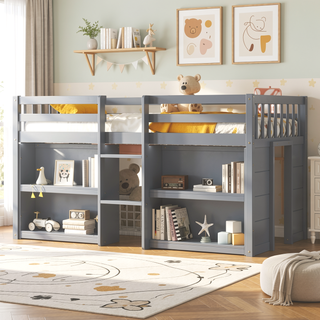 Sunvega Low Loft Bed With Two-Tier Shelves LED Light And Guardrail For Kids