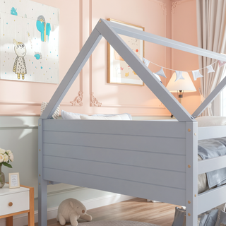 Sunvega Twin Over Twin House Floor Bunk Bed with Headboards Footboards Guardrails and Ladder