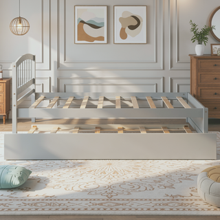 Sunvega Twin Size Gray Wood Platform Bed Frame with Trundle for Maximized Space