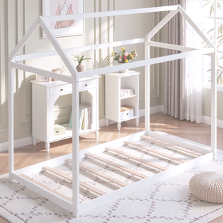 Sunvega Twin Size Gray Wooden House Bed with Eaves Design for Kids Room