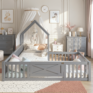 Sunvega Full Size House Floor Bed with Door and Full-Length Guardrails for Kids