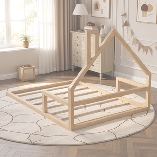 Sunvega Natural Wood Floor Bed with House-Shaped Headboard for Kids Room