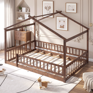 Sunvega Full Size House Bed Frame with Playhouse Fence and Roof for Kids
