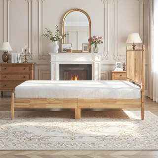 Sunvega Mid-Century Modern Design Full Platform Bed with Vertical Slats Headboard