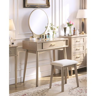 Sunvega Gold Modern Wood Vanity Set with Round Mirror and Matching Stool
