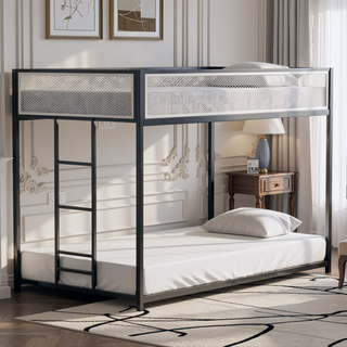 Sunvega Twin Over Twin Bunk Bed with White Mesh Guard Rail and Stable Ladder for Kids