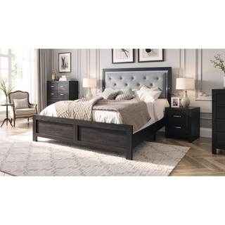 Sunvega Modern Beige Faux Leather Queen Panel Bed with Headboard Lighting