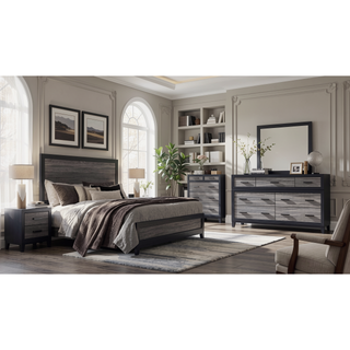 Sunvega Two-Tone Dark Gray and Black Queen Size Bed with Wood Inlay