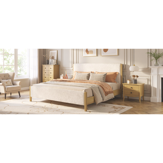 Sunvega Modern White Boucle Upholstered Bed with Rubberwood Legs for King Size