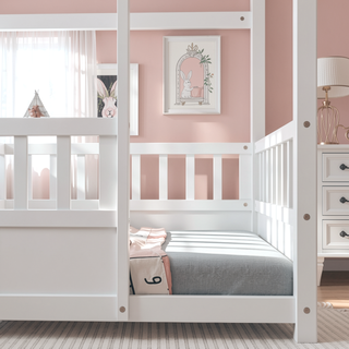Sunvega Twin Size Floor Wooden Bed with House Roof Frame and Fence Guardrails