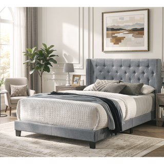 Sunvega Gray Polyester Fabric Wingback Bed with Button-tufted Details and Nailhead Trim