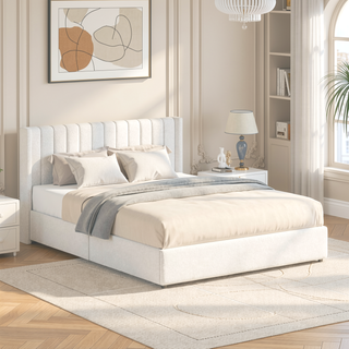 Sunvega Queen Size Ivory Boucle Upholstered Platform Bed with 4 Storage Drawers