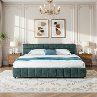 Sunvega Modern King Size Upholstered Bed with Storage Drawers and Soft Chenille Fabric