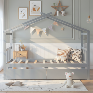 Sunvega Twin Size Wooden House Bed with Drawers and Headboard for Kids Room