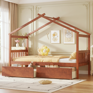 Sunvega Twin Size Wooden House Bed with Drawers and Headboard for Kids Room