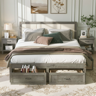Sunvega Antique Natural Queen Size Platform Bed with 6 Spacious Storage Drawers